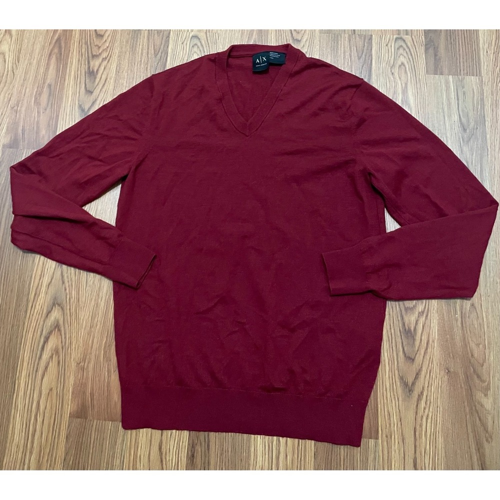 Armani Exchange Sweater Mens Large V Neck Wool Blend Knit Burgundy